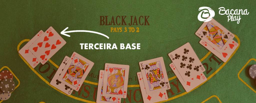 BLACKJACK TABLE AND AN ARROW POINTING TO THE THIRD BASE AND TEXT “TERCEIRA BASE”